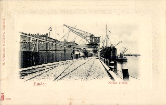 Ak Emden in Ostfriesland, Neuer Hafen, Hafenanlagen, Schiffe, Gleise, Landschaft