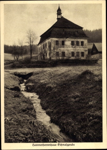 Ak Schmalzgrube Jöhstadt im Erzgebirge Sachsen, Blick zum Hammerherrenhaus, Bach