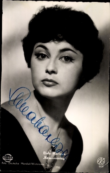 Postcard actress Elma Karlowa, portrait, Rose Monday, Gloria, autograph