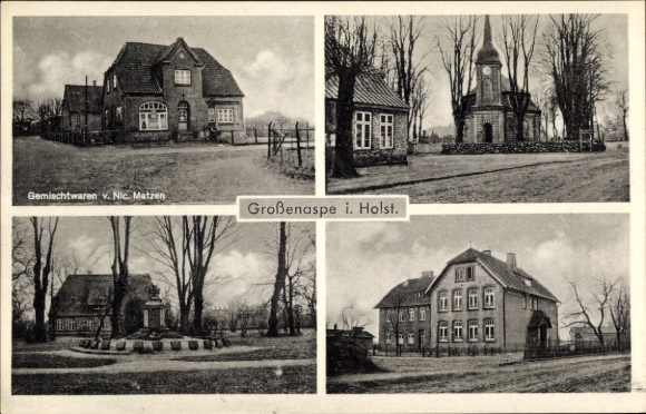 Postcard Großenaspe in Schleswig Holstein, general goods by Nic Matzen, church, monument, building