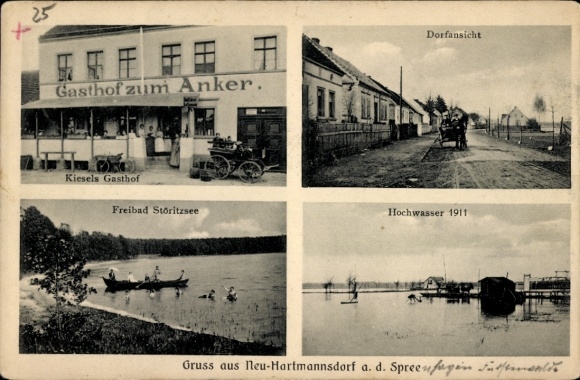 Postcard Neu Hartmannsdorf Spreenhagen, Kiesels Gasthof zum Anker, outdoor swimming pool Störitzsee, flood 1911