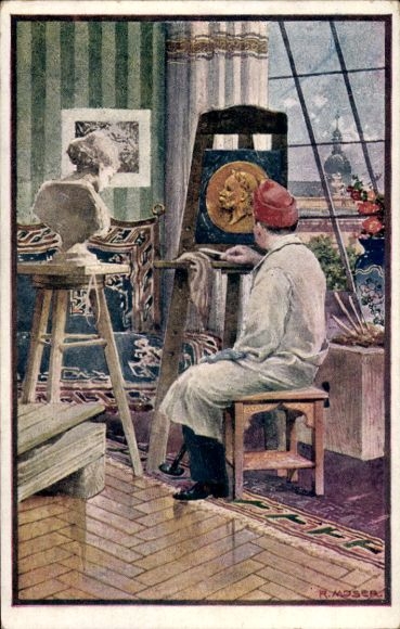 Artist Postcard Moser, R., sculptor from the invalid schools, bust, studio