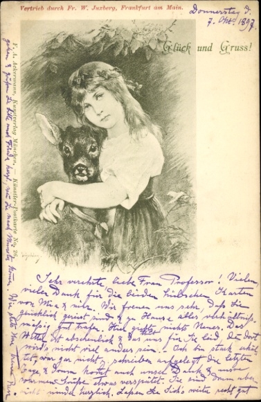 PC from the Baltic Sea resort of Heiligenhafen in Holstein, motif: a young woman with a deer. Artist PC...