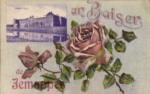 PC Jemappes Wallonia Hainaut, picture of a rose, lettering 'un Baiser', building in the background
