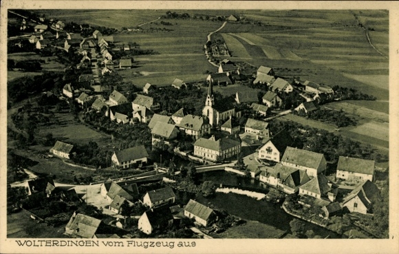 Postcard Wolterdingen Soltau Lüneburg Heath, aerial view of houses, church, landscape