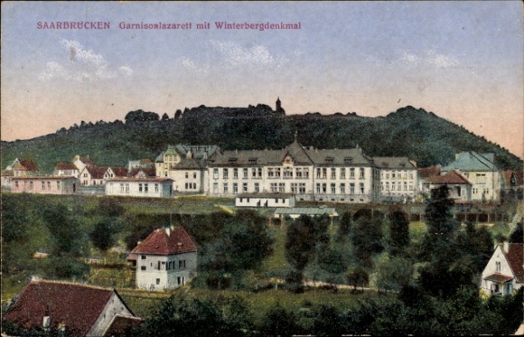 Postcard Saarbrücken in Saarland, Garrison Hospital, Winterberg Memorial, Saarbrücken