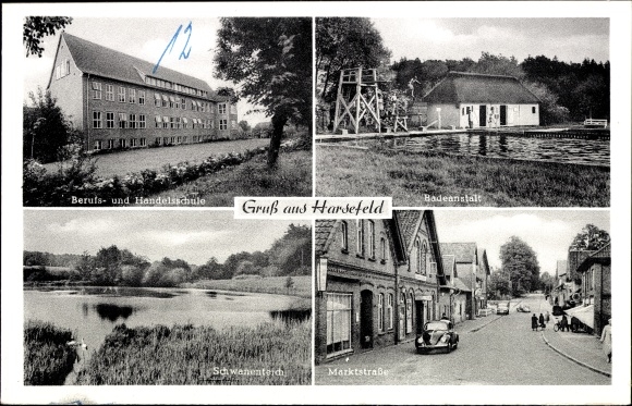 Ak Harsefeld in de wijk Stade, beroeps- en handelsschool, zwembad, zwanenvijver, marktstraat