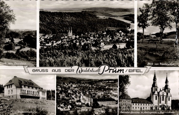 Ak Prüm in de Eifel, uitzicht vanaf Dausfeld, uitzicht vanaf Niederpram, Salvatorbasiliek, rechtbank, W