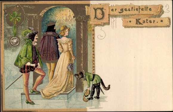 Litho Der gestiefelte Kater, Begrüßunge der Gäste, Märchen, Gebrüder Grimm