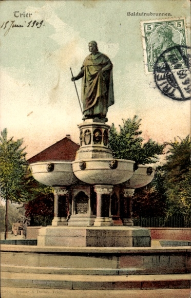 Ak Trier an der Mosel, Balduinsbrunnen, Statue,  Poststempel, 5 Pfennig