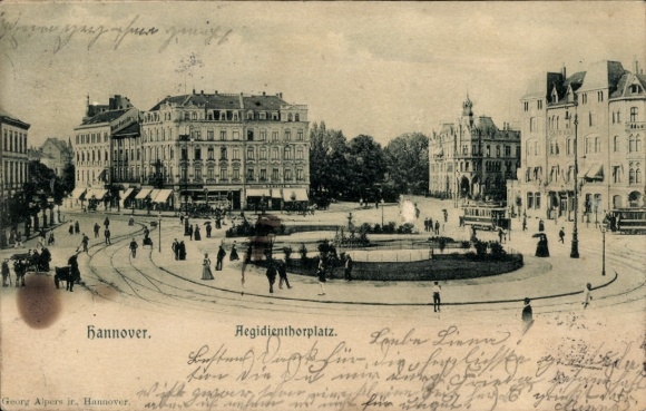 Postcard Hannover, Aegidienthorplatz, buildings, people, trees