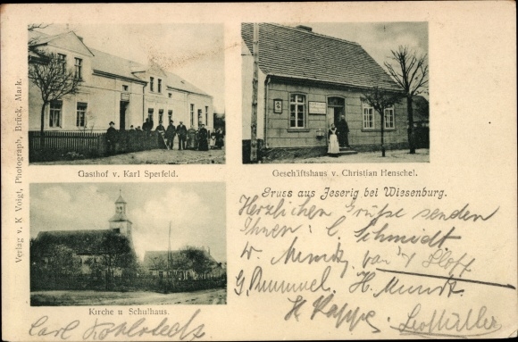 Ak Jeserig Groß Kreutz an der Havel, bedrijfsgebouw, Gasthof Karl Sperfeld, kerk, school