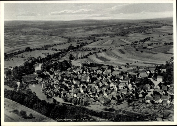 Postcard Oberriexingen in Württemberg, aerial photograph, village view, Enz River, rural surroundings