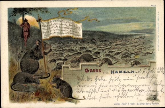 litho Hamelen aan de Weser Nedersaksen, rattenvanger, ratten