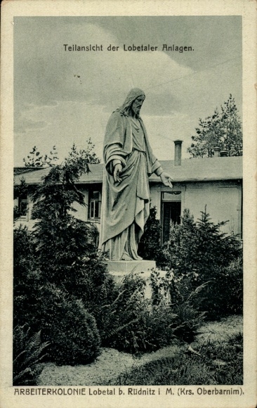 Postcard Lobetal Bernau near Berlin, statue of Jesus Christ, partial view of the facilities, workers' colony Lobetal