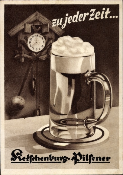 Postcard At any time Ketschenburg Pilsener, beer mug, advertising, cuckoo clock