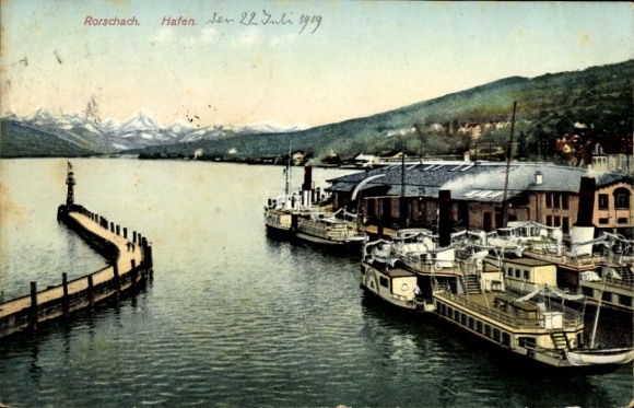 Zespół KP Rorschach Kt. St. Gallen Szwajcaria, port Rorschach, statki, góry,