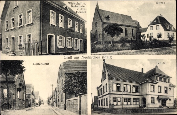 Ak Neukirchen Mehlingen in der Pfalz, Wirtschaft, Schule, Kirche, Kolonialwarenhandlung