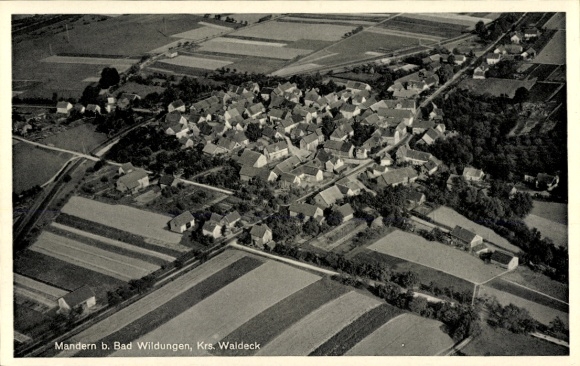 Postcard Mandern Bad Wildungen in Hesse, aerial view of Mandern, rural surroundings, residential buildings, rock