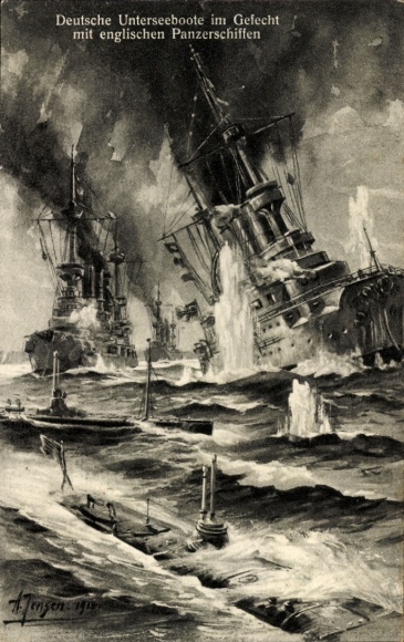 Artist Postcard Jensen, A. German U-boats in battle with English ironclads
