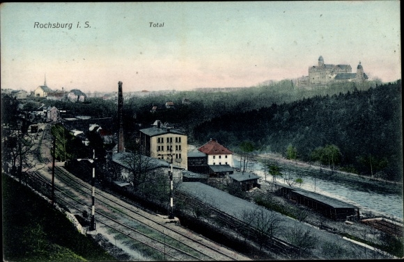PC Rochsburg Lunzenau in Saxony, total view, castle, train station, side of the track