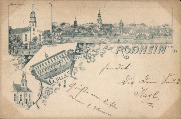 Chromo-Litho Rodheim Rosbach vor der Höhe Hesse, school, church, total view