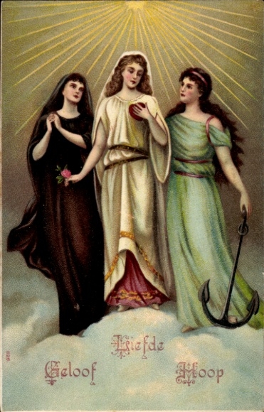 Präge Ak Allegorie, Glaube, Liebe, Hoffnung, Anker, Frauen