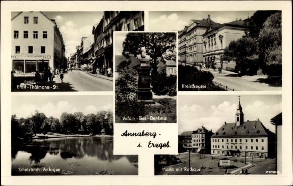 Postcard Annaberg Buchholz in the Ore Mountains, protective pond, district theater, market, town hall, Adam Ries monument