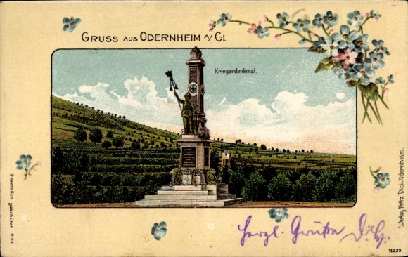 Gepreegde passepartout litho Odernheim am Glan Rijnland-Palts, oorlogsmonument