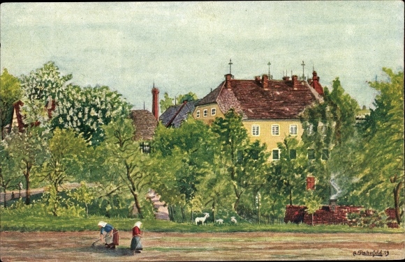 Artist PC Rahnfeld, A., Steinpleis, view of the Oberrittergut, women at work, no. 1