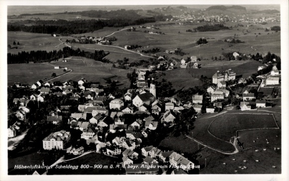 Postcard Scheidegg in Allgäu Swabia, aerial photograph