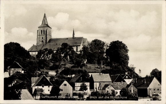 Postcard Obermarsberg Marsberg in the Sauerland, climatic health resort View of the collegiate church, rural surroundings