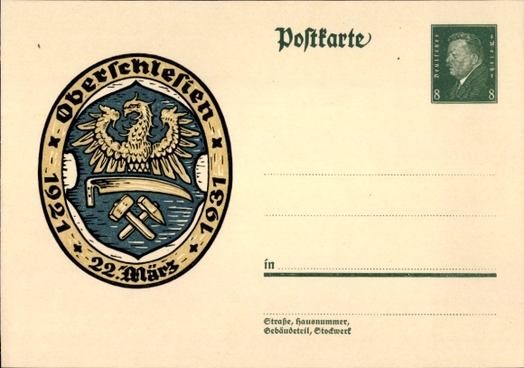 Postal stationery Postcard Upper Silesia, 22 March, 1921 to 1931, coat of arms, 8 Pfennig