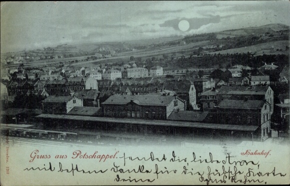 Moonlight Postcard Potschappel Freital Saxony, photography of train station, city view