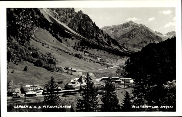 Postcard Langen am Arlberg Vorarlberg, Flexenstraße, train station, valley view, mountains