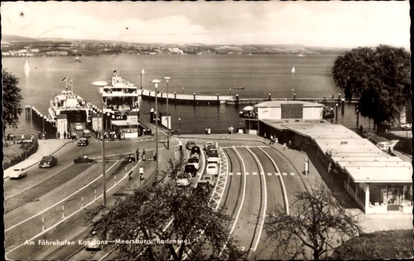 Ak Konstanz am Bodensee, Fährehafen,  Meersburg, Bodensee, Schiffe, Straßenansicht
