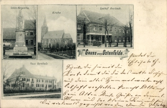 Postcard Ostenfelde Ennigerloh in Westphalia, Gasthof Averbeck, Church, Santa Margaretha, Haus Vornholz