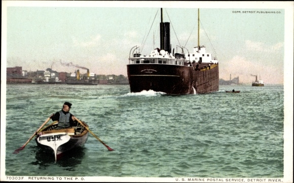Postcard river steamer, cargo ship, Detroit River, US Marine Postal Service