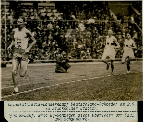foto Stockholm, atletiekinterland Duits. Zweden, 1500m lopen, Eric Ny, Paul, Schaumburg
