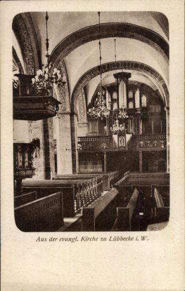 Postcard Lübbecke in Westphalia, Evangelical Church, interior view, organ