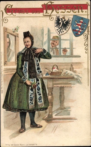 Coat of arms Chromo-Litho Young woman in Hessian costume, farmhouse room, man at the window