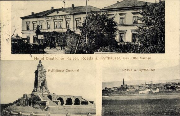 Postcard Roßla am Harz, Hotel Deutscher Kaiser, Kyffhäuser Monument