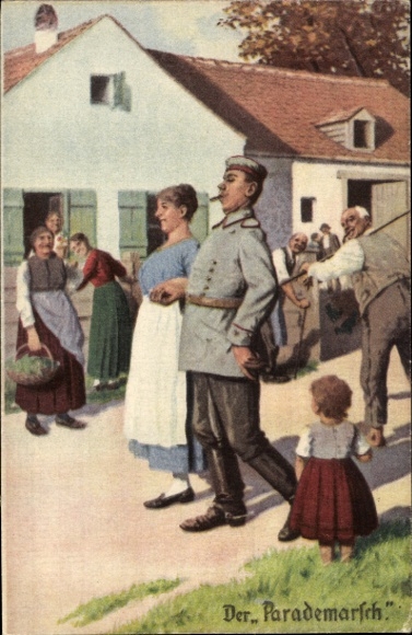 Artist Postcard The Parade March, Soldier strutting with his wife through the village, Always an expert, I. WK