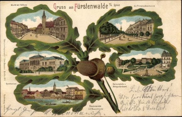Oak leaf litho Fürstenwalde on the Spree, market, town hall, high school, Kaiserplatz, war memorial
