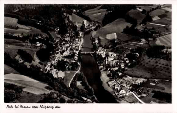 Postcard Passau in Lower Bavaria, aerial view of river with bridge, surrounding landscape