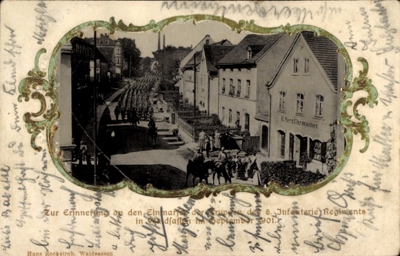 Passepartout Postcard Waldsassen in the Upper Palatinate, entry of the troops of the 6th Infantry Regiment, 1901