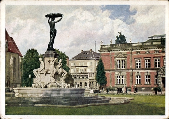 Künstler Ak Görlitz in der Lausitz, Hindenburgplatz mit Muschelminna, Postamt