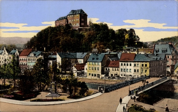 Ak Greiz im Vogtland Thüringen, Stadtansicht von   Architektur, Schloss auf dem Hügel, Brücke