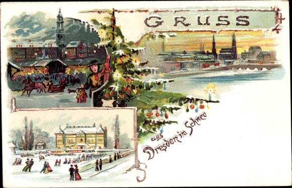 Chromo-Litho Dresden center, Christmas market, ice rink, Christmas tree