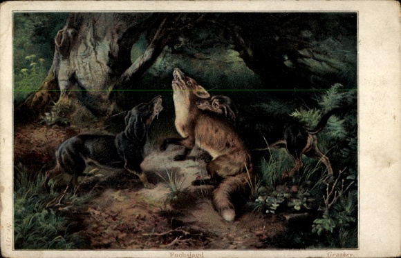 Artist Postcard fox hunt, dachshund and fox in the forest, hunting